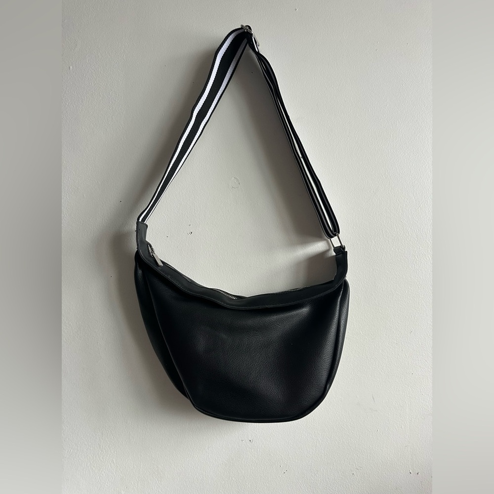 BCBGeneration Black Vegan Leather Crescent Crossbody Bag Black/White Strap